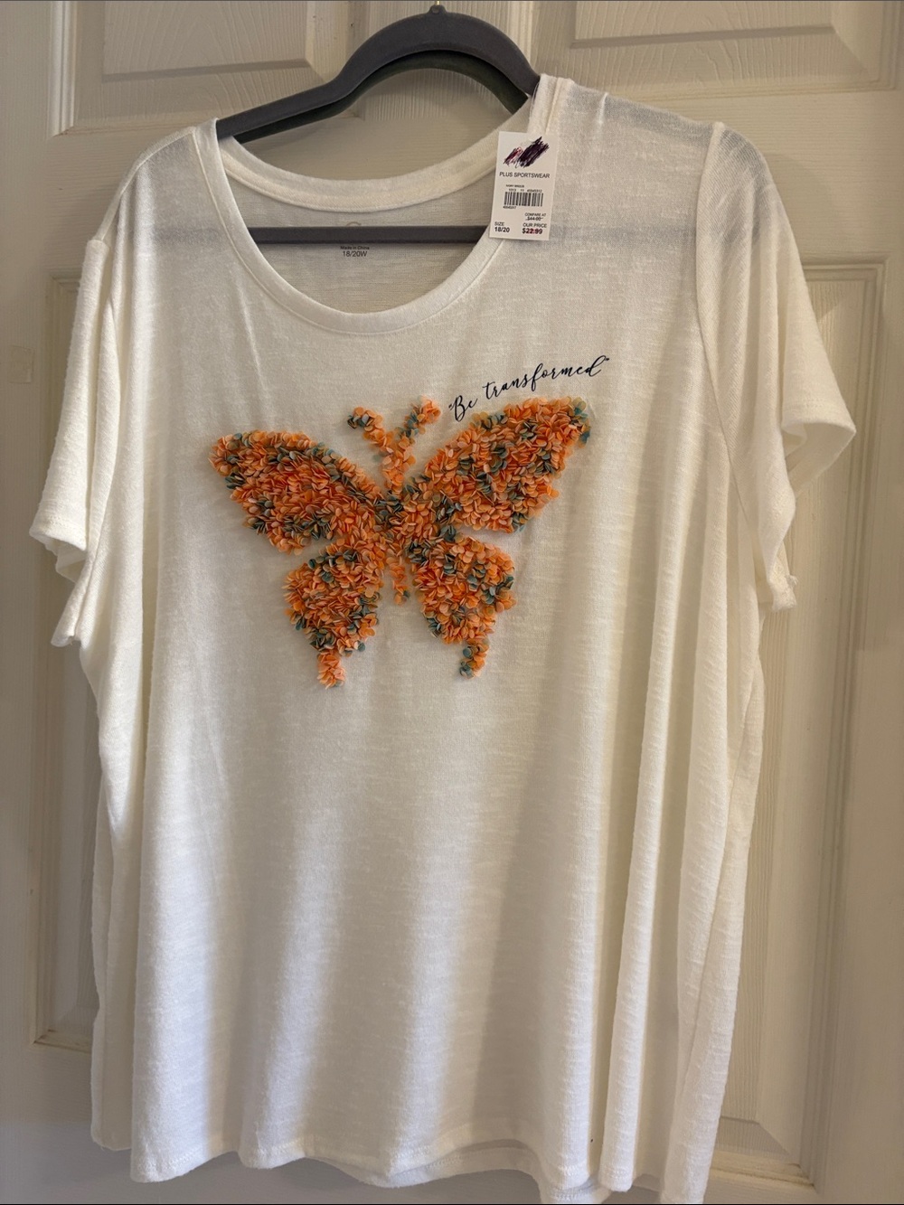 Cato White Short-Sleeve Tee with Orange Butterfly Applique
